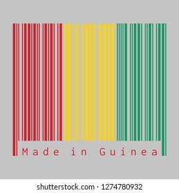 Barcode set the color of Guinea flag, vertical red yellow and green, text: Made in Guinea. concept of sale or business.