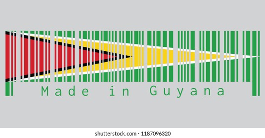 Barcode set the color of Guyana flag, a green field with the black red triangle and white golden triangle, text: Made in Guyana. concept of sale or business.