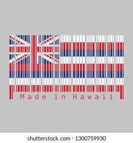 Barcode set the color of Hawaii flag, Eight alternating horizontal stripes of white, red, and blue, with a Union flag in the canton. text: Made in Hawaii. concept of sale or business.
