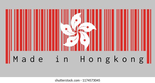 Barcode set the color of Hong kong flag, the red and white five petal Bauhinia blakeana flower, on grey background with text: Made in Hong kong. concept of sale or business.