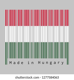 Barcode set the color of Hungary flag, A horizontal tricolor of red, white and green. text: Made in Hungary. concept of sale or business.