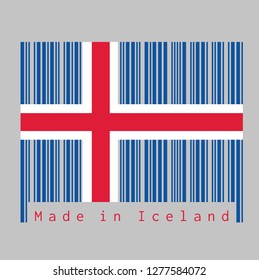 Barcode set the color of Iceland flag, blue sky with a snow-white cross, and a fiery-red cross inside the white. text: Made in Iceland. concept of sale or business.