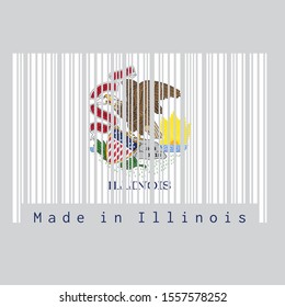 Barcode set the color of Illinois flag, the states of America. Seal of Illinois on a white background, text: Made in Illinois. Concept of sale or business.