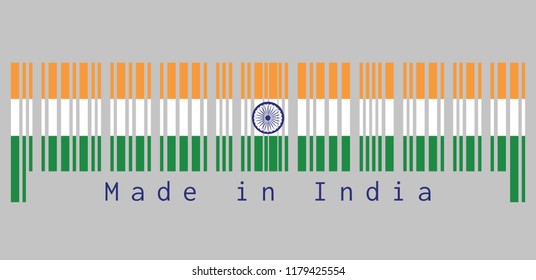 Barcode set the color of India flag, tricolor of India saffron, white and green with the Ashoka Chakra wheel with text: Made in India. concept of sale or business.