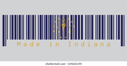 Barcode Set The Color Of Indiana Flag, A Gold Torch Surrounded By An Outer Circle Of Thirteen Stars, An Inner Semi Circle Of Five Stars, Crowned By The Word 'Indiana'. Text: Made In Indiana. 