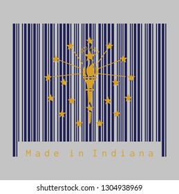 Barcode Set The Color Of Indiana Flag, A Gold Torch Surrounded By An Outer Circle Of Thirteen Stars, An Inner Semi Circle Of Five Stars, Crowned By The Word 'Indiana'. Text: Made In Indiana. 
