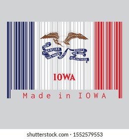 Barcode set the color of Iowa flag, the states of America. a vertical tricolor of blue white and red and the image of a bald eagle with a long ribbon. text: Made in Iowa. Concept of sale or business.