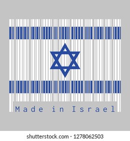 Barcode set the color of Israel flag, blue hexagram on a white background, between two blue stripes. text: Made in Israel. concept of sale or business.