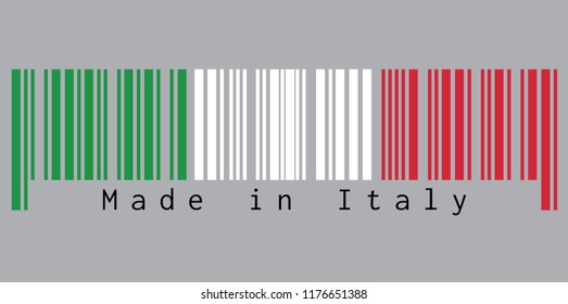 Barcode set the color of Italy flag,  green white and red color with text: Made in Italy. concept of sale or business.