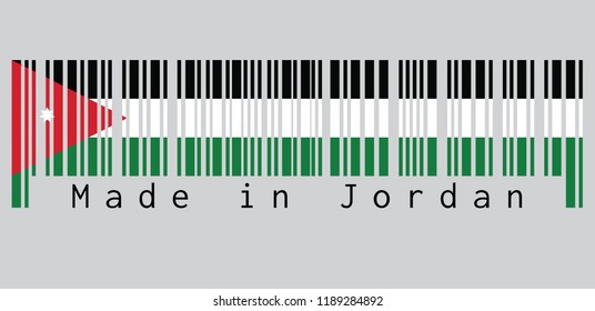 Barcode set the color of Jordan flag, horizontal triband of black, white and green; with a red chevron and star text: Made in Jordan. concept of sale or business.