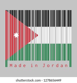 Barcode set the color of Jordan flag, horizontal triband of black, white and green; with a red chevron and star text: Made in Jordan. concept of sale or business.