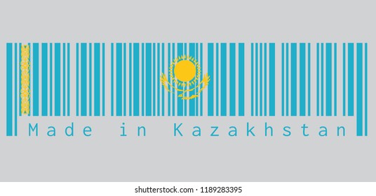 Barcode set the color of Kazakhstan flag, A gold sun above eagle on blue field and national ornamental pattern. text: Made in Kazakhstan. concept of sale or business.