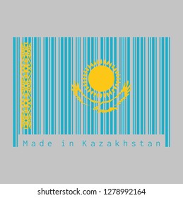 Barcode set the color of Kazakhstan flag, A gold sun above eagle on blue field and national ornamental pattern. text: Made in Kazakhstan. concept of sale or business.