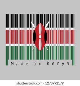 Barcode set the color of Kenya flag, black white red and green with two crossed white spears behind a red, and black Maasai shield. text: Made in Kenya. concept of sale or business.