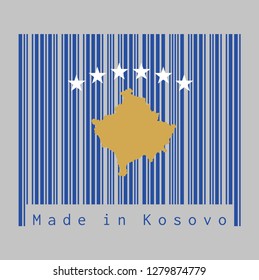 Barcode set the color of Kosovo flag, a blue field charged with a map of Kosovo in gold, surmounted by an arc of six white star. text: Made in Kosovo. concept of sale or business.