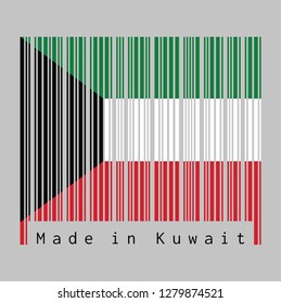 Barcode set the color of Kuwait flag, green white and red color with black trapezium based on the hoist side. text: Made in Kuwait. concept of sale or business.