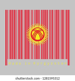 Barcode set the color of Kyrgyzstan flag, red field with a yellow sun with forty uniformly spaced rays, text: Made in Kyrgyzstan. concept of sale or business.