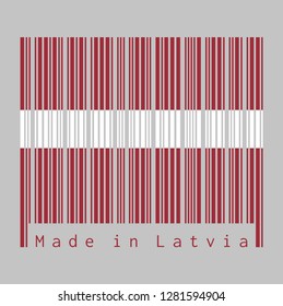 Barcode set the color of Latvia flag, a carmine field bisected by a narrow white stripe, text: Made in Latvia. concept of sale or business.