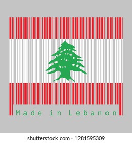 Barcode set the color of Lebanon flag, triband of red and white, charged with a green Lebanon Cedar. text: Made in Lebanon. concept of sale or business.