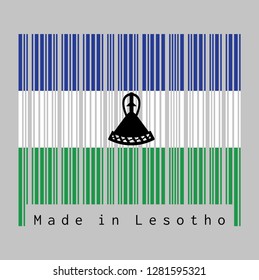 Barcode set the color of Lesotho flag, blue, white and green with a black mokorotlo (a Basotho hat). text: Made in Lesotho. concept of sale or business.