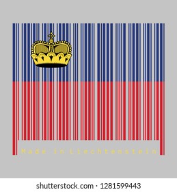 Barcode set the color of Liechtenstein flag, blue and red, charged with a gold crown. text: Made in Liechtenstein. concept of sale or business.
