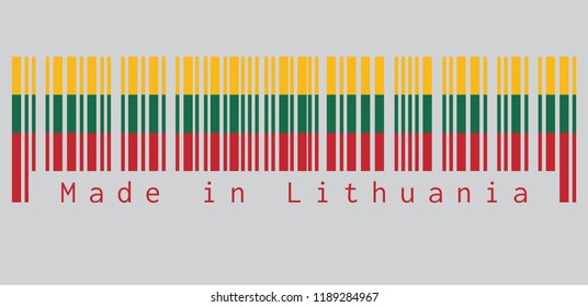 Barcode set the color of Lithuania flag, horizontal yellow green and red, text: Made in Lithuania. concept of sale or business.