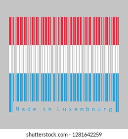 Barcode set the color of Luxembourg flag, horizontal red white and light blue, text: Made in Luxembourg. concept of sale or business.