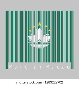 Barcode set the color of Macau flag, green with a lotus and stylised Governor Nobre de Carvalho Bridge and water in white, and five gold star. text: Made in Macau. concept of sale or business.