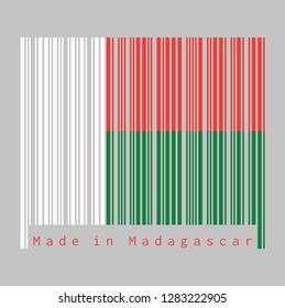 Barcode set the color of Madagascar flag, Two horizontal bands of red and green with a white vertical band on the hoist side. text: Made in Madagascar. concept of sale or business.