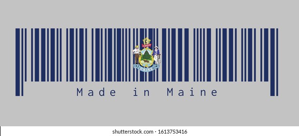 Barcode set the color of Maine flag. Maine coat of arms defacing blue field. text: Made in Maine. Concept of sale or business.