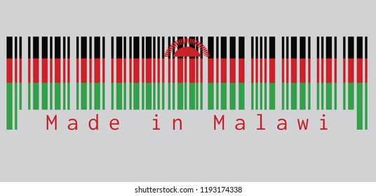 Barcode set the color of Malawi flag, black red and green; charged with a red rising sun centred on the black stripe. text: Made in Malawi, concept of sale or business.