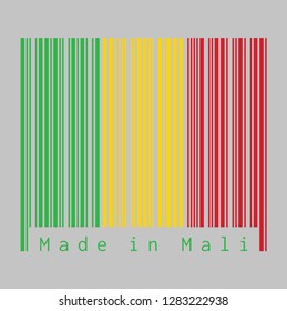 Barcode set the color of Mali flag, A vertical tricolor of green gold and red. text: Made in Mali. concept of sale or business.