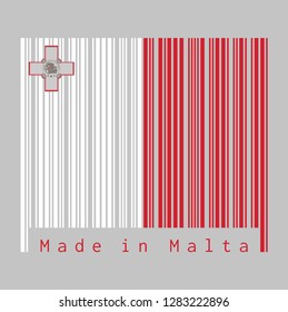 Barcode set the color of Malta flag, A vertical of white and red with the representation of the George Cross edged. text: Made in Malta. concept of sale or business.