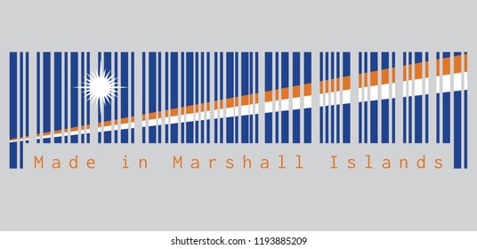 Barcode set the color of Marshall flag, A blue field with two diagonal stripes of orange and white and the large white star. text: Made in Marshall Islands. concept of sale or business.