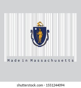 Barcode set the color of Massachusetts flag, the states of America. the state coat of arms centered on a white field. text: Made in Massachusetts. Concept of sale or business.