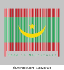 Barcode set the color of Mauritania flag, Two red stripes flanking a green field with a golden crescent and star. text: Made in Mauritania. concept of sale or business.