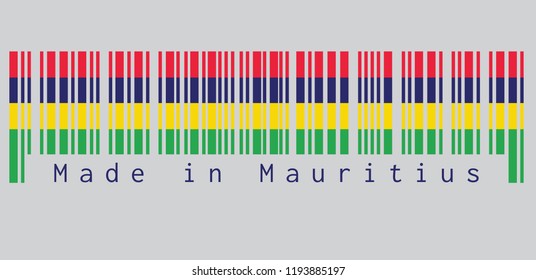 Barcode set the color of Mauritius flag, Four horizontal bands of red blue yellow and green. text: Made in Mauritius. concept of sale or business.