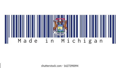 Barcode set the color of Michigan flag. State coat of arms on a dark blue field. text: Made in Michigan. Concept of sale or business.