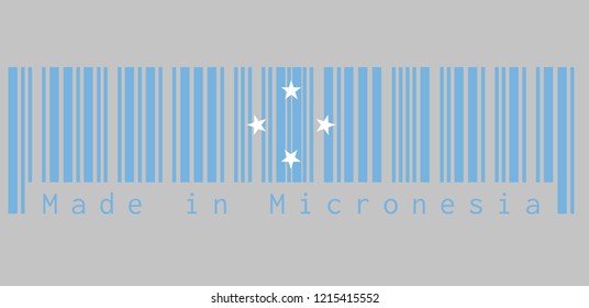 Barcode set the color of Micronesia flag, A light blue field with four stars arranged in the diamond pattern. text: Made in Micronesia, concept of sale or business.