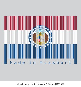 Barcode set the color of Missouri flag, the states of America, red white and blue color. The Missouri Seal, surrounded by a blue band and stars. text: Made in Missouri. Concept of sale or business.