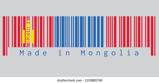 Barcode set the color of Mongolia flag, red and blue with the Soyombo symbol centred on the hoist-side of the red band. text: Made in Mongolia. concept of sale or business.