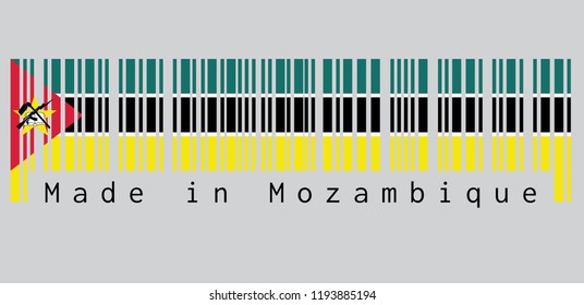 Barcode set the color of Mozambique flag, horizontal green black yellow and small white white red triangle bearing the yellow star an AK-47 assault rifle with the bayonet on an open book.