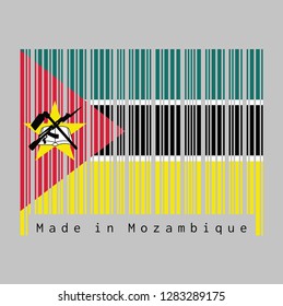 Barcode set the color of Mozambique flag, horizontal green black yellow and small white white red triangle bearing the yellow star an AK-47 assault rifle with the bayonet on an open book.