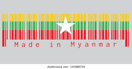Barcode set the color of Myanmarese flag, red green and yellow color and white star. text: Made in Myanmar. concept of sale or business.