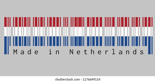 Barcode set the color of Netherlands flag,  red white, and blue color with text: Made in Netherlands. concept of sale or business.