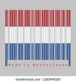 Barcode set the color of Netherlands flag,  red white, and blue color with text: Made in Netherlands. concept of sale or business.