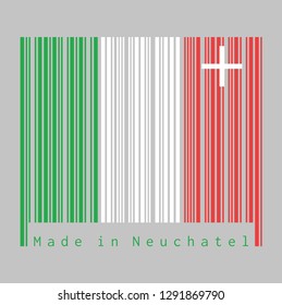 Barcode set the color of Neuchatel flag, The canton of Switzerland with text Made in Neuchatel. concept of sale or business.
