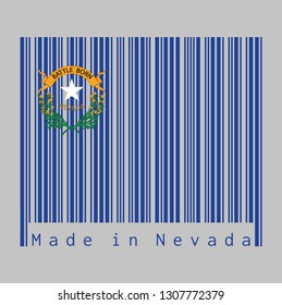 Barcode set the color of Nevada flag, Solid cobalt blue field and coats of arm on the canton, text: Made in Nevada. The states of America, concept of sale or business.