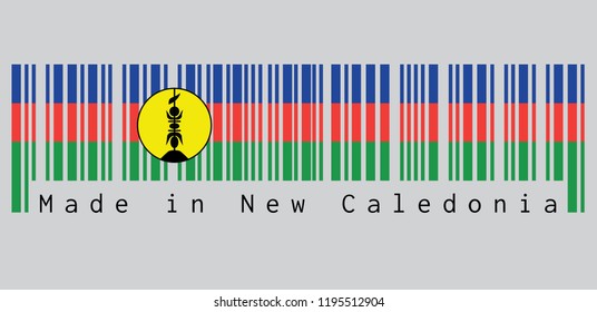 Barcode set the color of New Caledonia flag, blue red and green with a yellow disc fibrated black and defaced with a vertical symbol, also black. text: Made in New Caledonia. concept of sale.