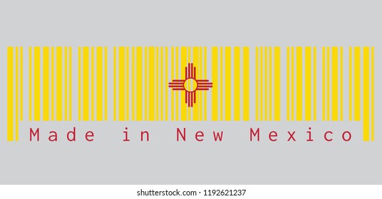 Barcode set the color of New Mexico flag, The red and yellow of old Spain. The ancient Zia Sun symbol in red on yellow, text: Made in New Mexico. concept of sale or business.